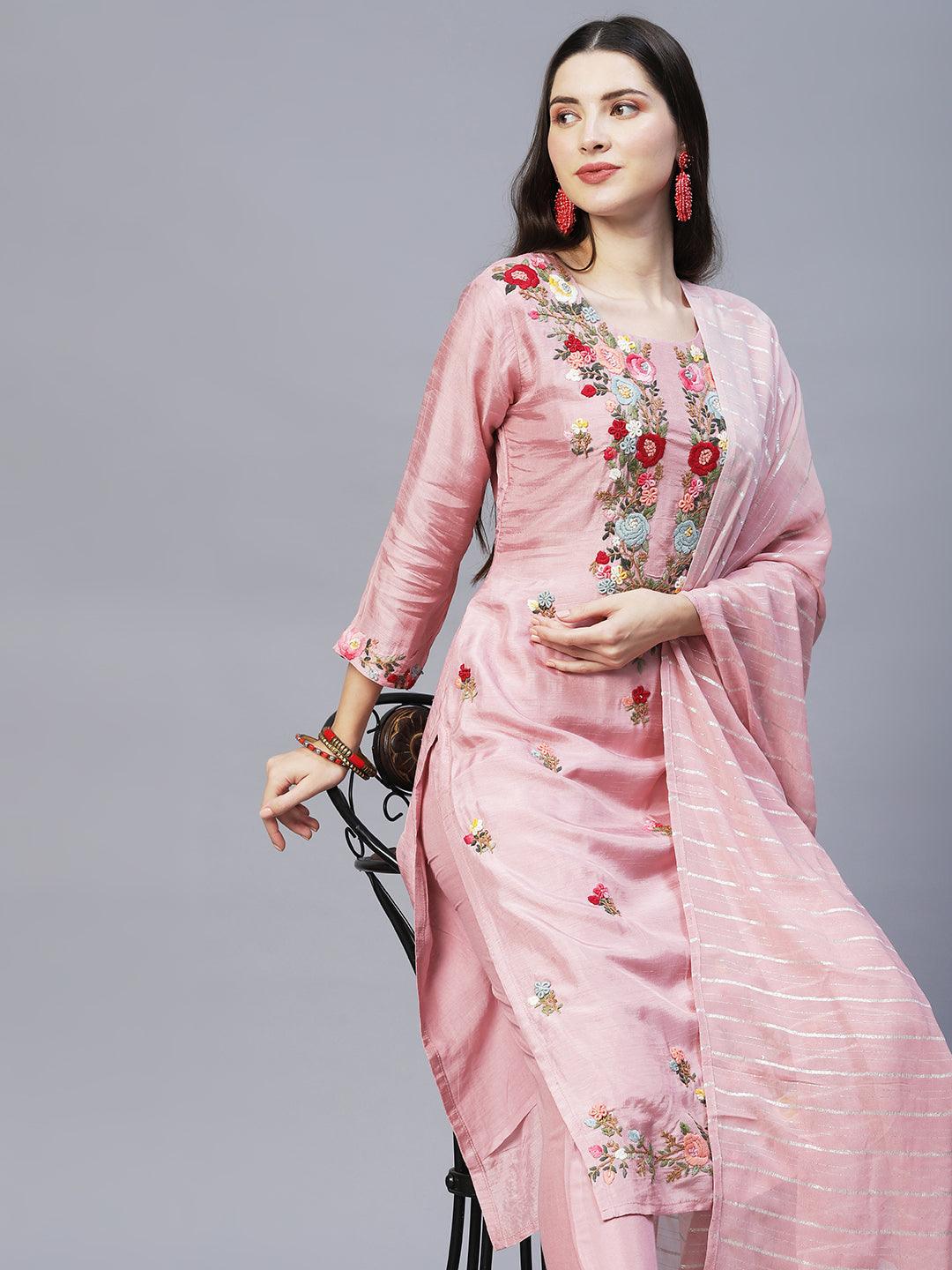 Floral Hand Embroidered Straight Kurta with Pants & Dupatta - Pink - Indiakreations