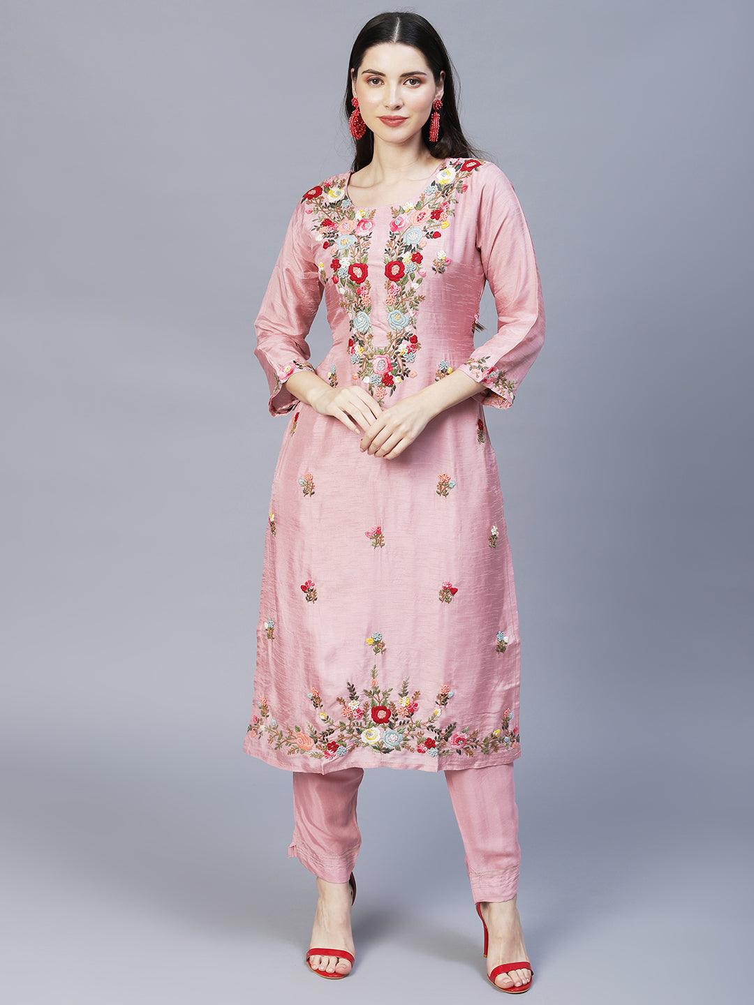 Floral Hand Embroidered Straight Kurta with Pants & Dupatta - Pink - Indiakreations