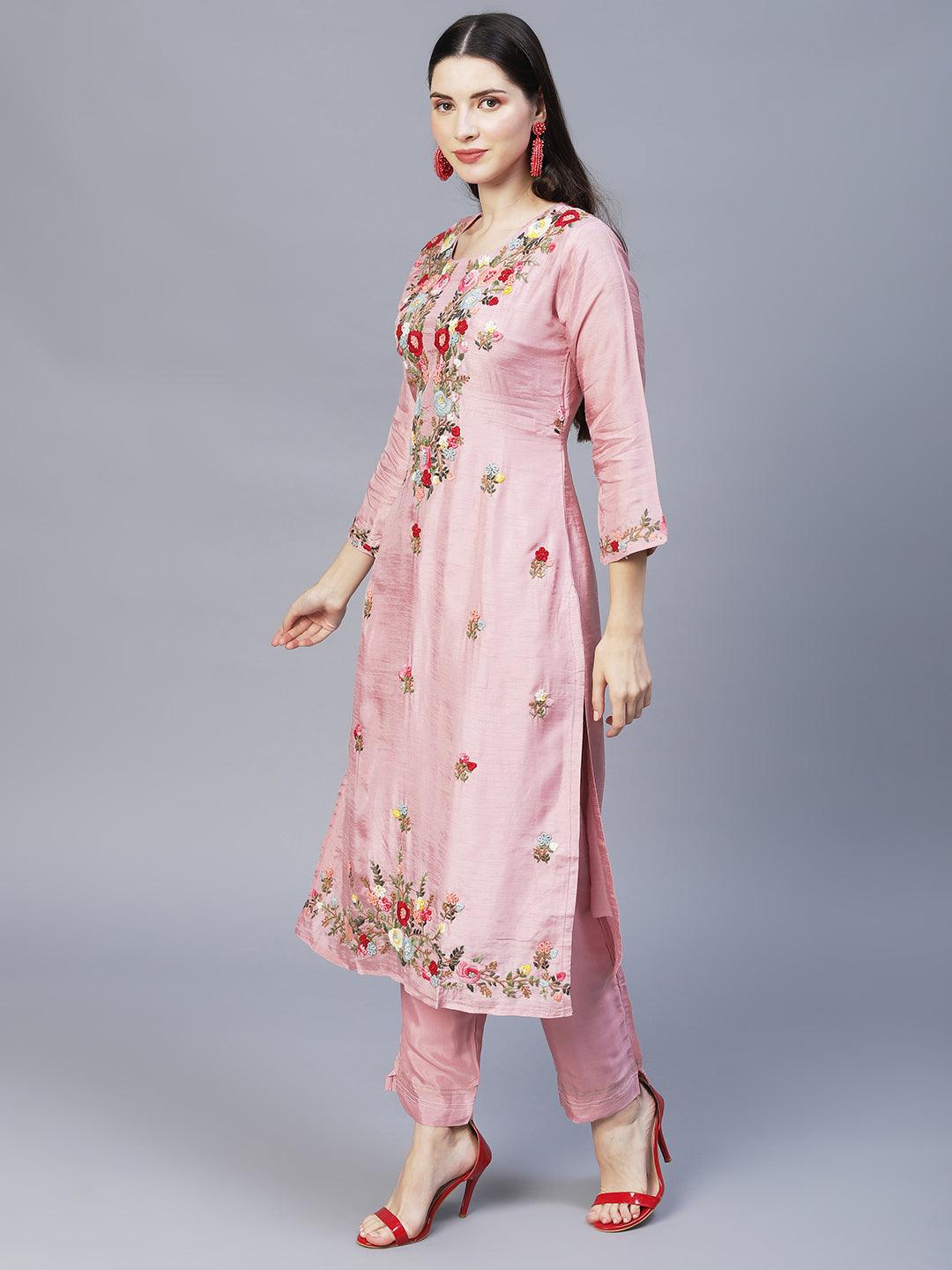 Floral Hand Embroidered Straight Kurta with Pants & Dupatta - Pink - Indiakreations