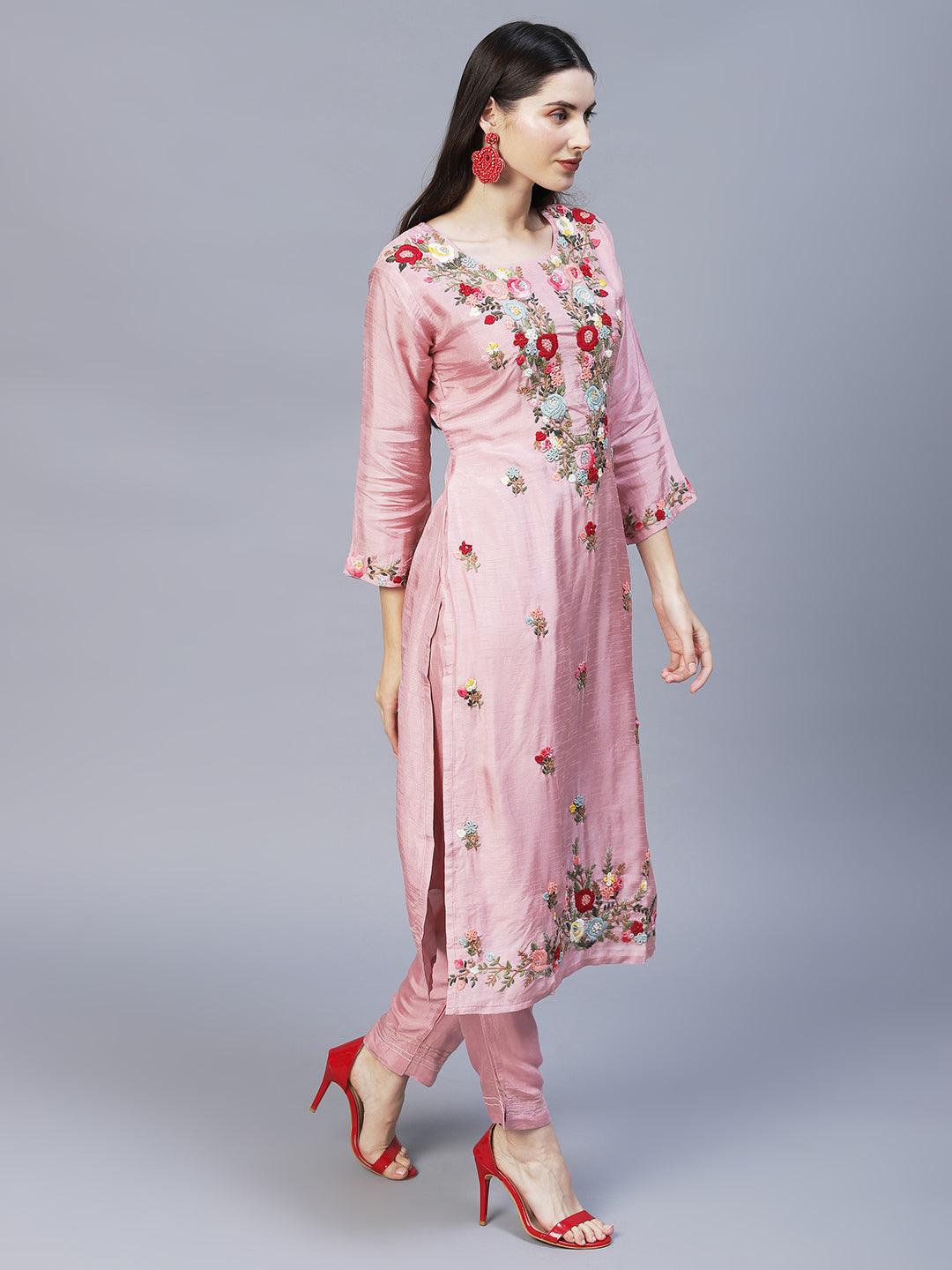 Floral Hand Embroidered Straight Kurta with Pants & Dupatta - Pink - Indiakreations