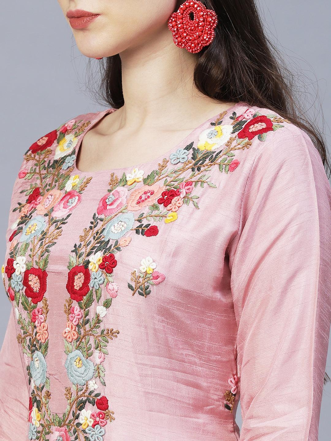 Floral Hand Embroidered Straight Kurta with Pants & Dupatta - Pink - Indiakreations