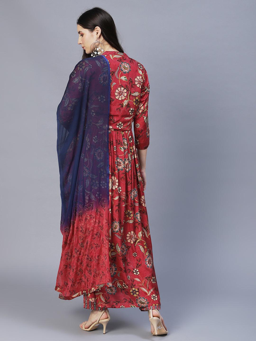 Floral Printed & Hand Embroidered Kurta with Pants & Dupatta - Dark Pink - Indiakreations