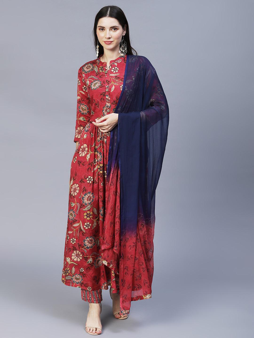 Floral Printed & Hand Embroidered Kurta with Pants & Dupatta - Dark Pink - Indiakreations