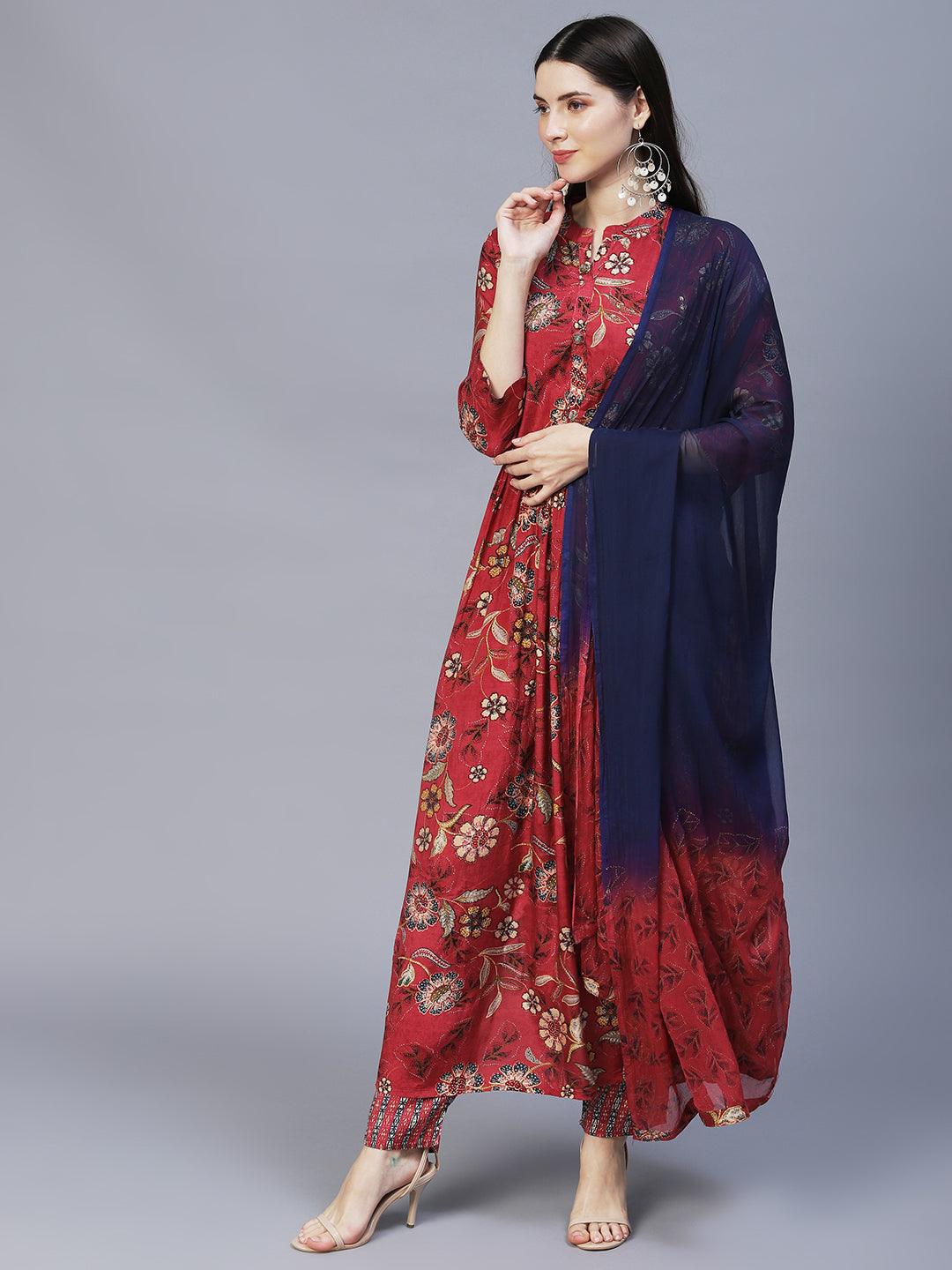 Floral Printed & Hand Embroidered Kurta with Pants & Dupatta - Dark Pink - Indiakreations