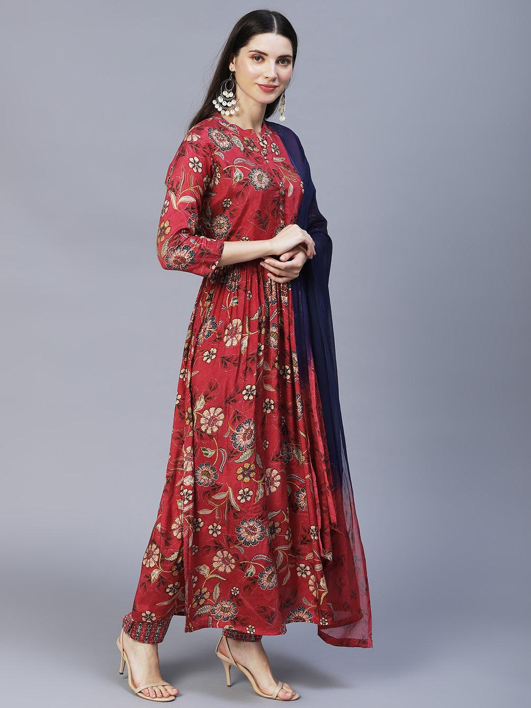 Floral Printed & Hand Embroidered Kurta with Pants & Dupatta - Dark Pink - Indiakreations