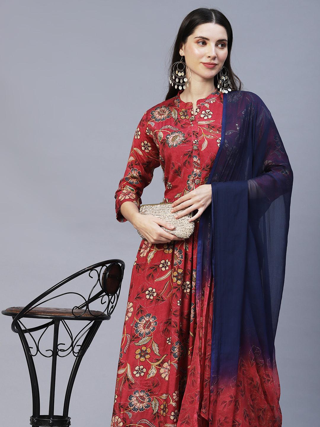 Floral Printed & Hand Embroidered Kurta with Pants & Dupatta - Dark Pink - Indiakreations