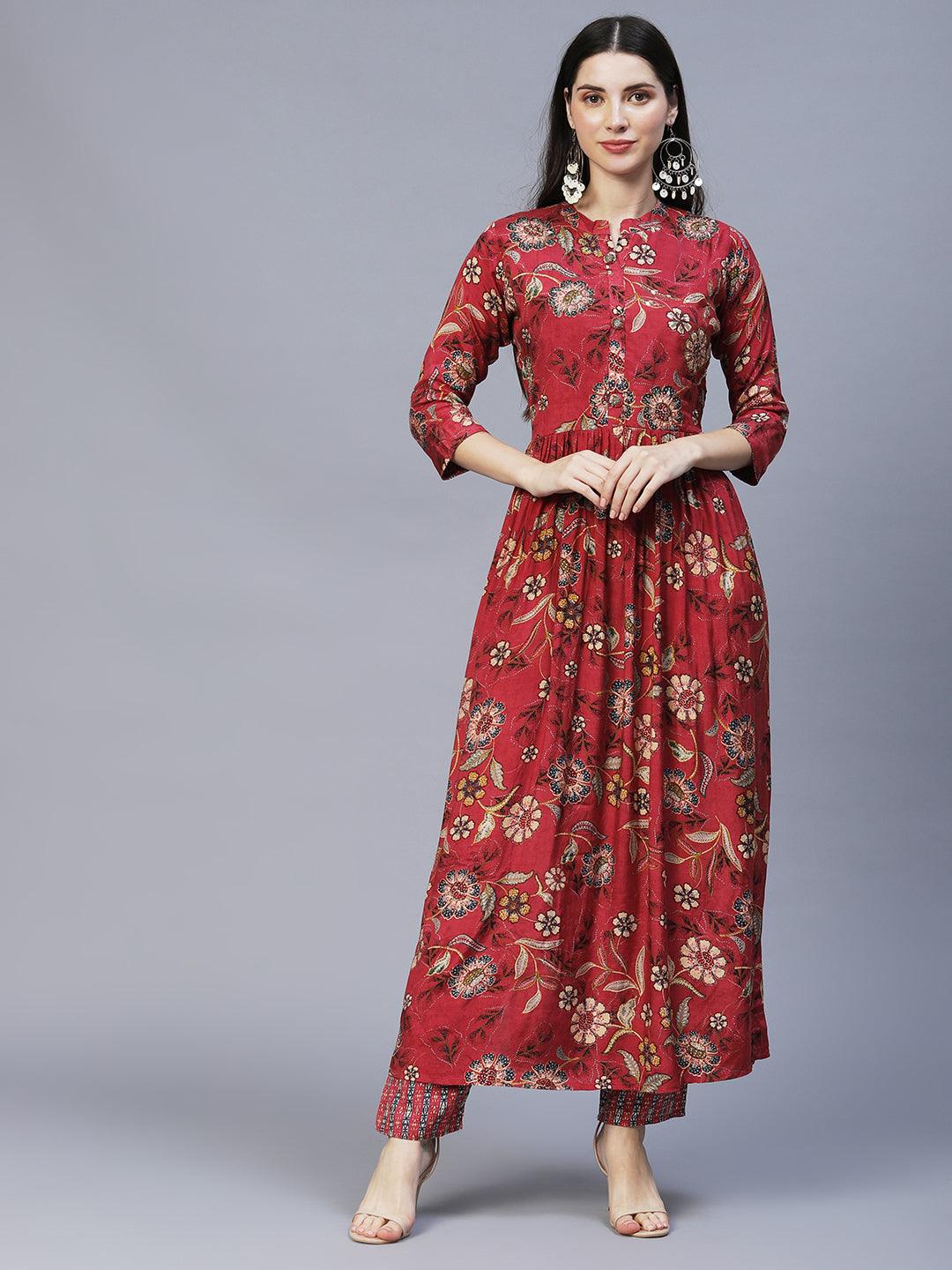 Floral Printed & Hand Embroidered Kurta with Pants & Dupatta - Dark Pink - Indiakreations