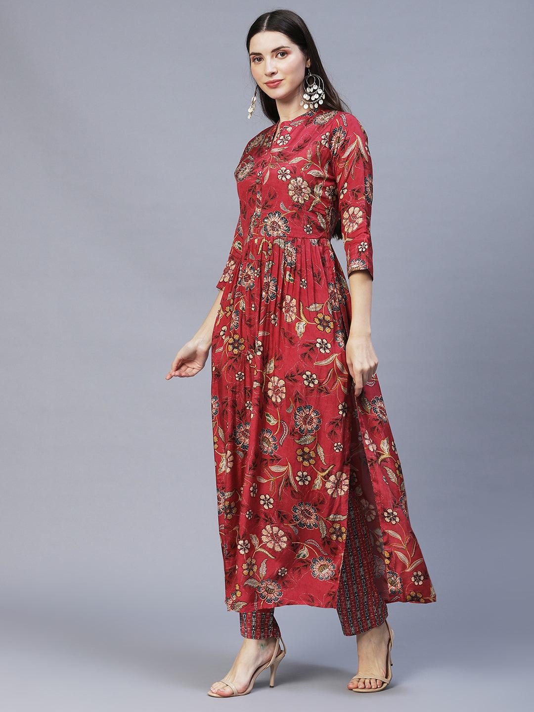 Floral Printed & Hand Embroidered Kurta with Pants & Dupatta - Dark Pink - Indiakreations