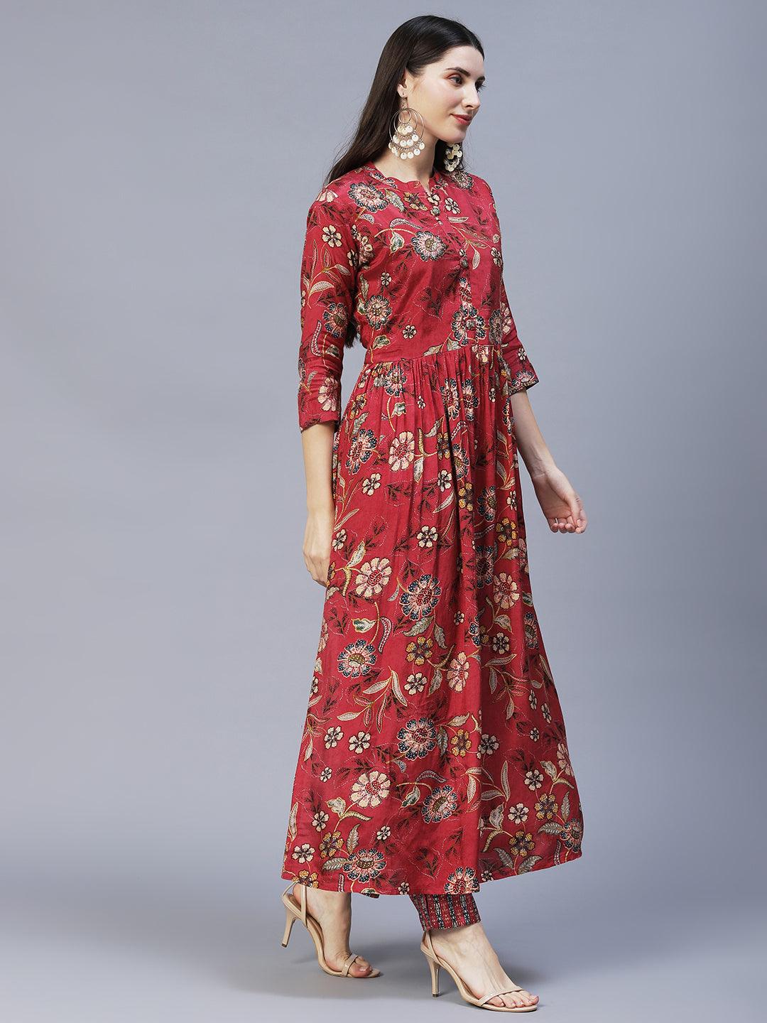 Floral Printed & Hand Embroidered Kurta with Pants & Dupatta - Dark Pink - Indiakreations