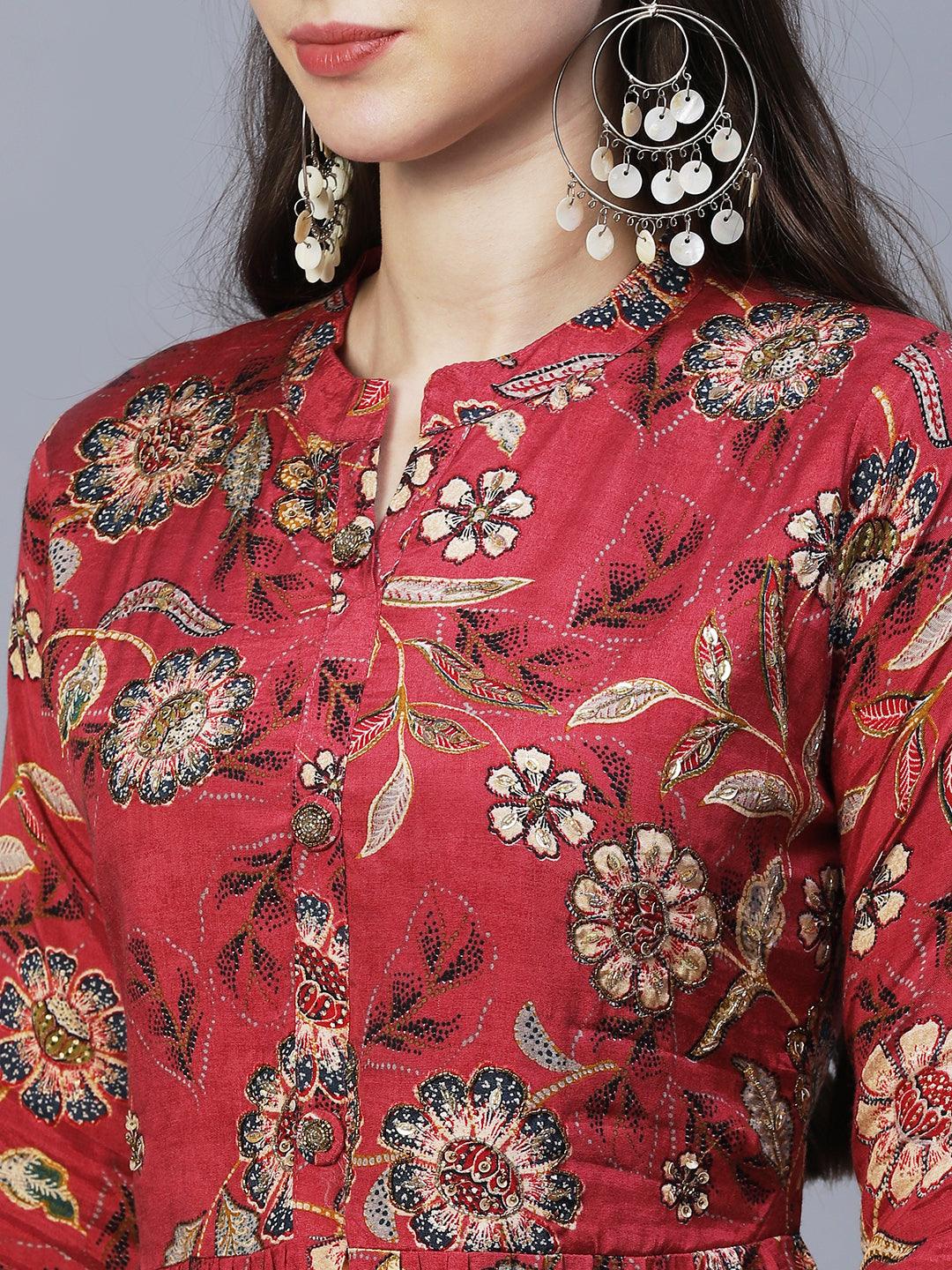 Floral Printed & Hand Embroidered Kurta with Pants & Dupatta - Dark Pink - Indiakreations