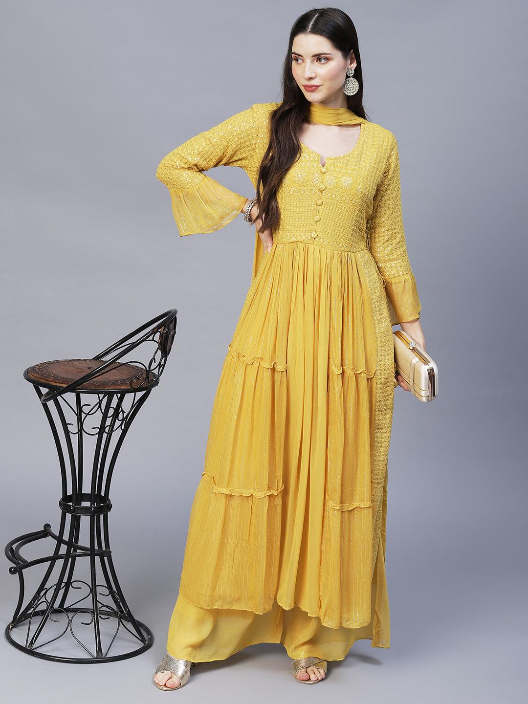 Ethnic Embroidered A-Line Kurta with Palazzo & Dupatta - Yellow - Indiakreations