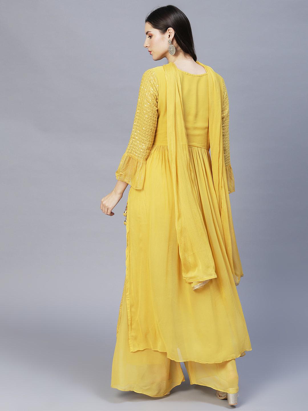 Ethnic Embroidered A-Line Kurta with Palazzo & Dupatta - Yellow - Indiakreations