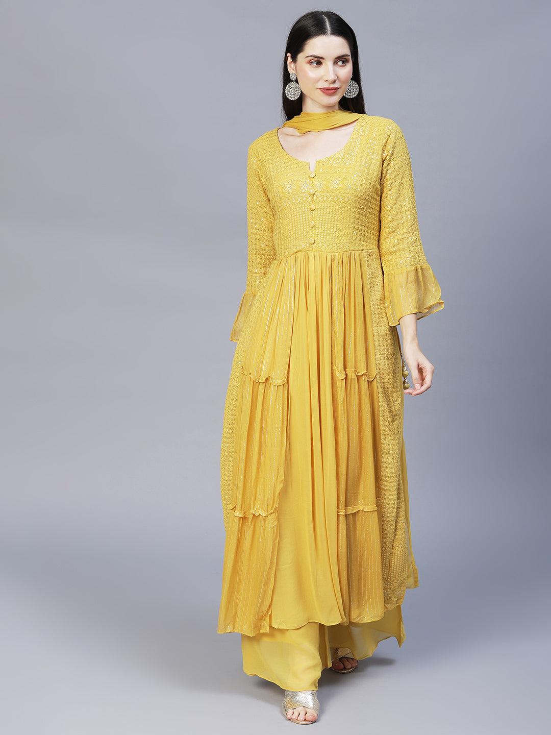 Ethnic Embroidered A-Line Kurta with Palazzo & Dupatta - Yellow - Indiakreations