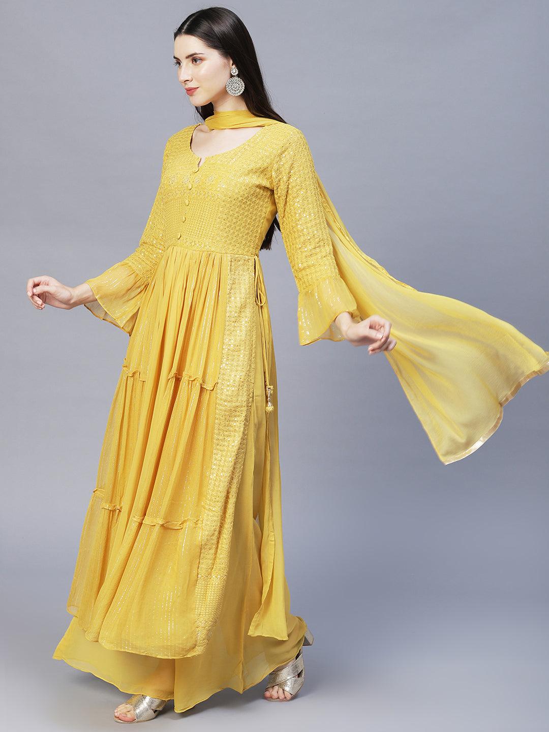 Ethnic Embroidered A-Line Kurta with Palazzo & Dupatta - Yellow - Indiakreations