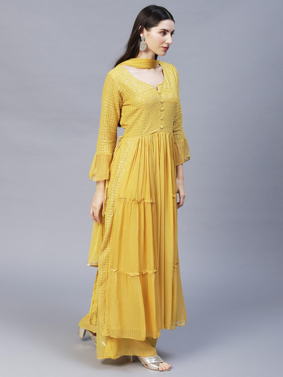 Ethnic Embroidered A-Line Kurta with Palazzo & Dupatta - Yellow - Indiakreations