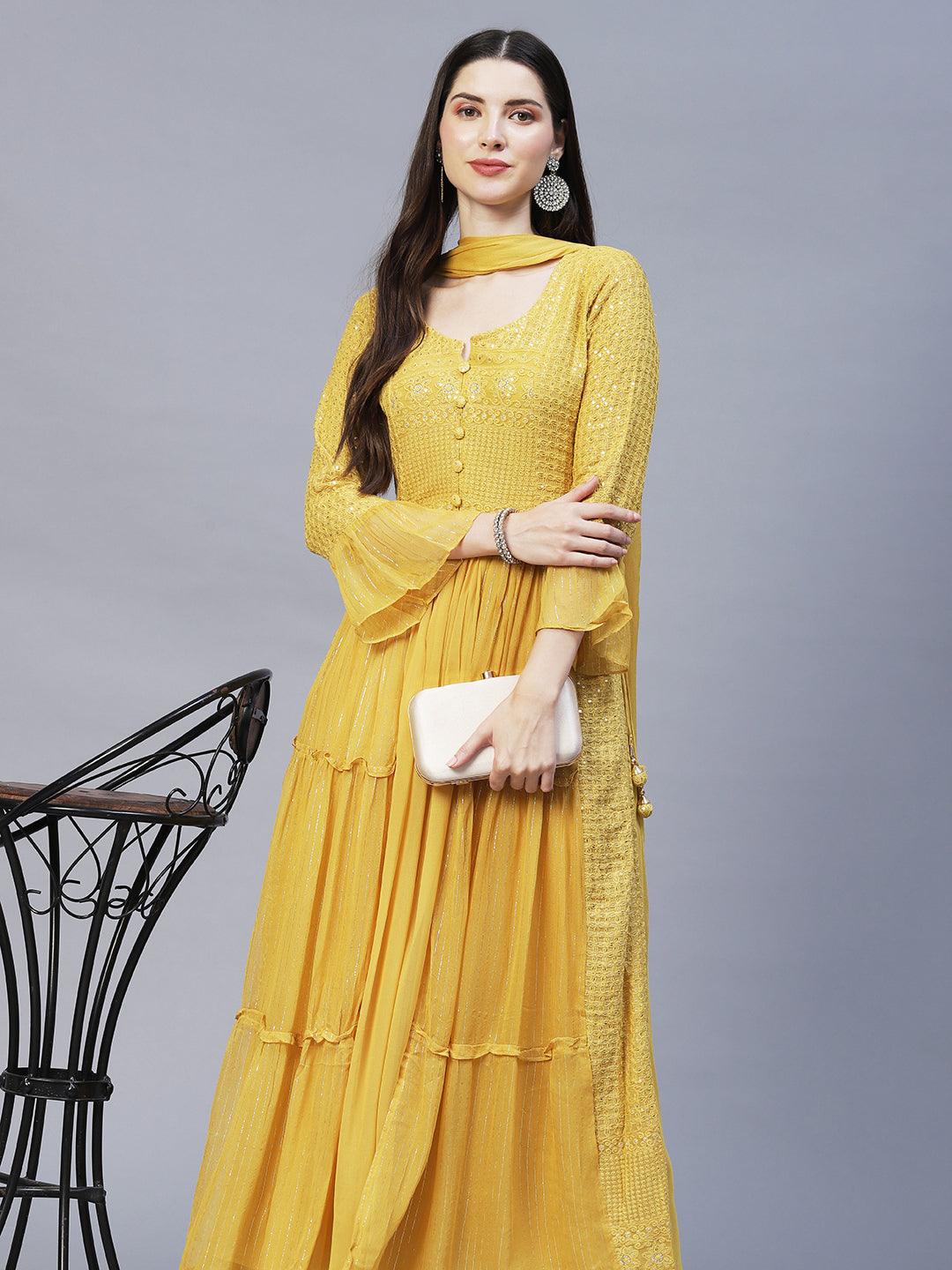 Ethnic Embroidered A-Line Kurta with Palazzo & Dupatta - Yellow - Indiakreations