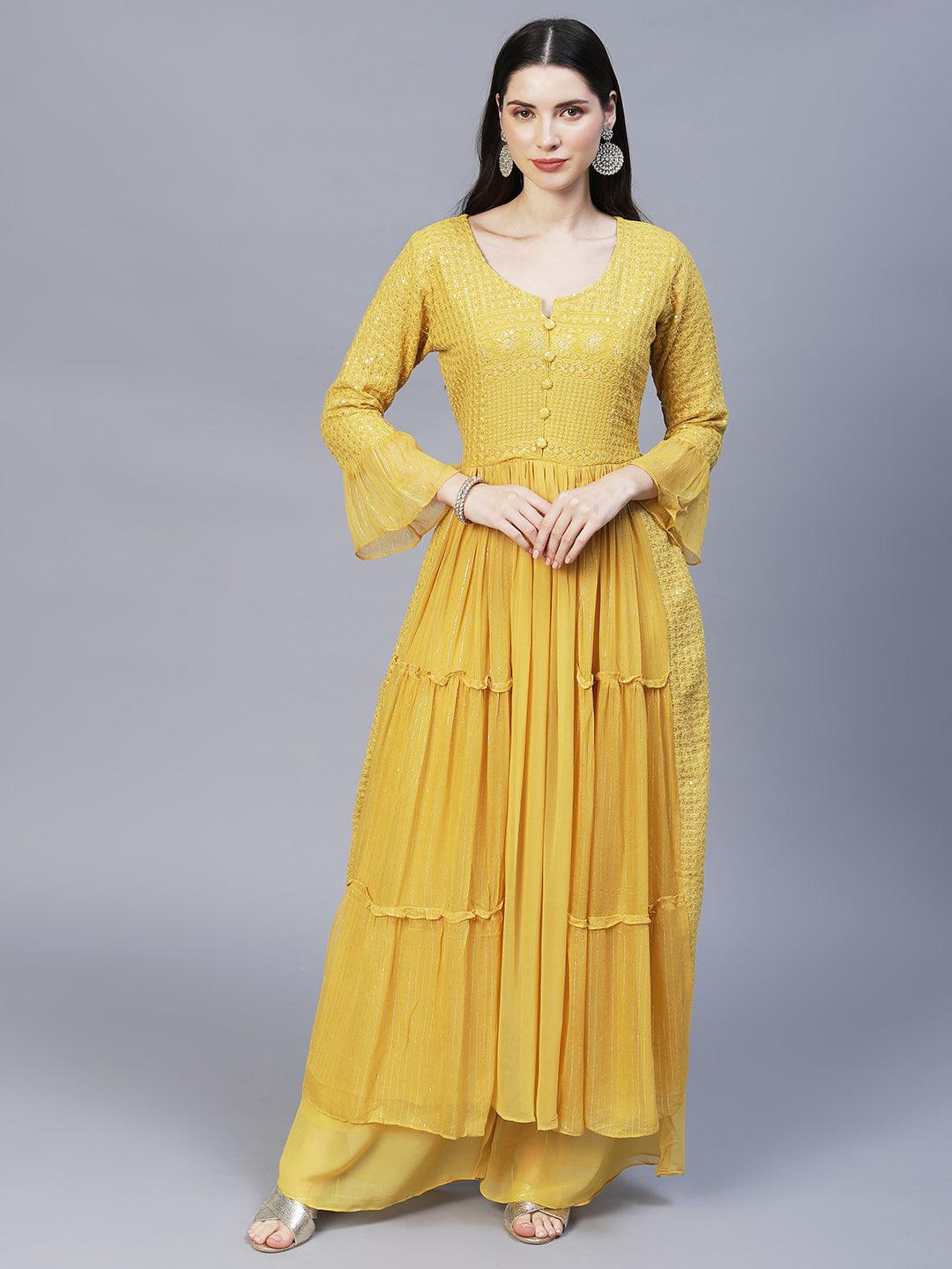 Ethnic Embroidered A-Line Kurta with Palazzo & Dupatta - Yellow - Indiakreations