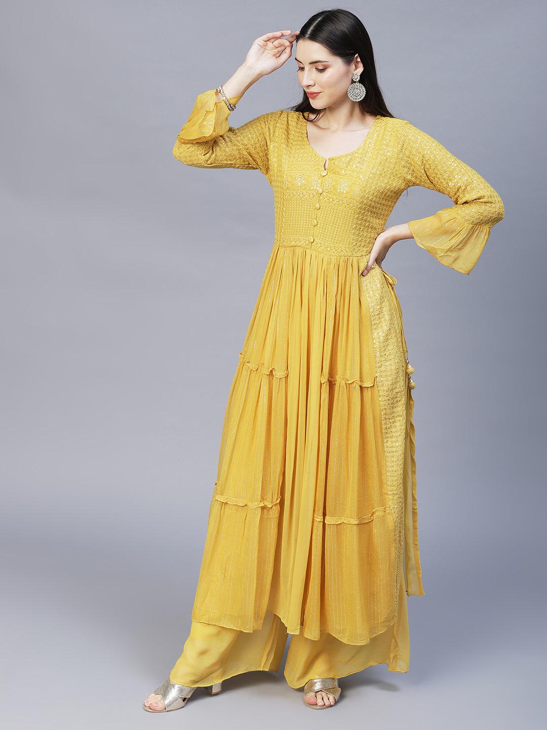 Ethnic Embroidered A-Line Kurta with Palazzo & Dupatta - Yellow - Indiakreations