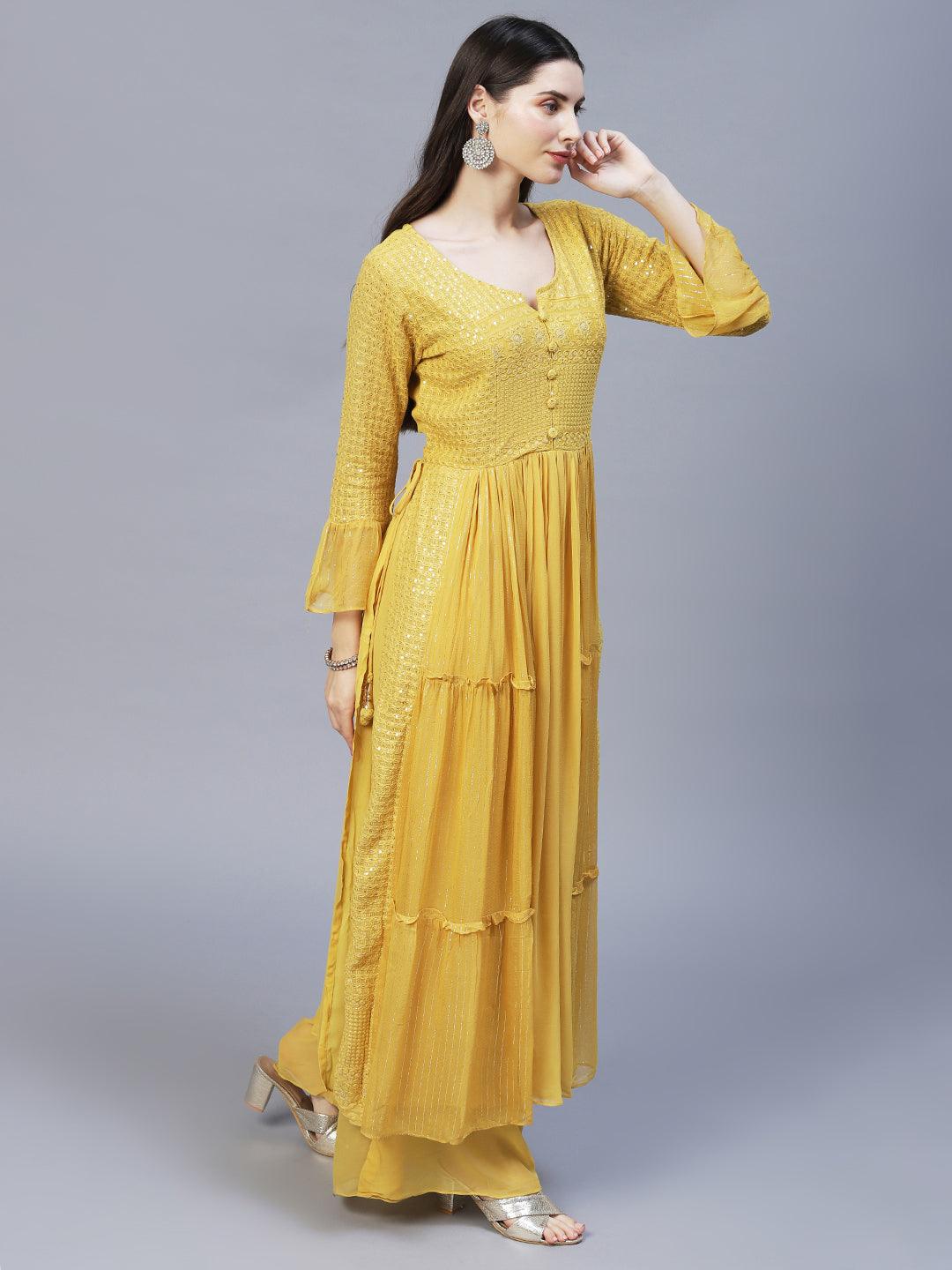 Ethnic Embroidered A-Line Kurta with Palazzo & Dupatta - Yellow - Indiakreations