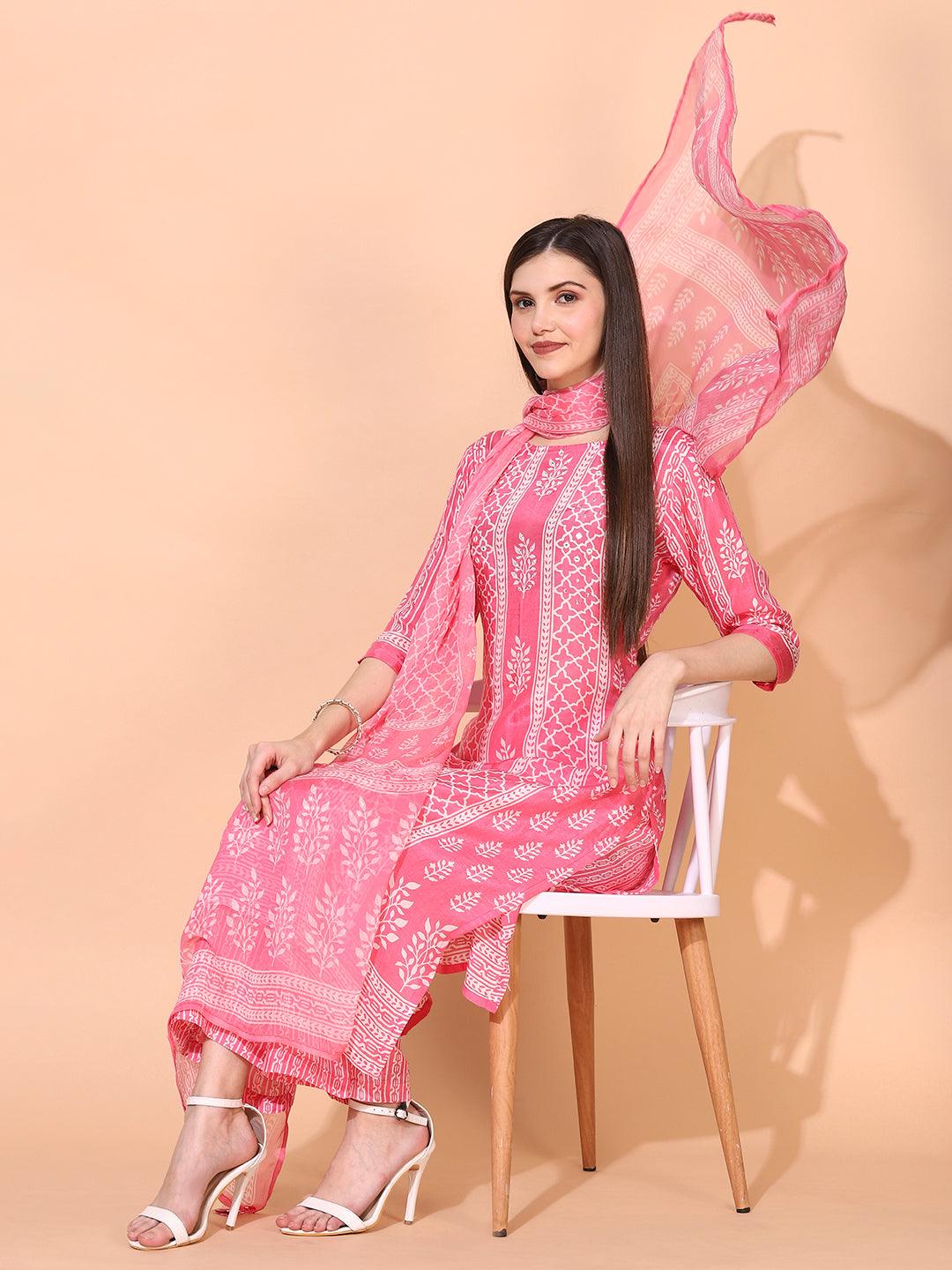 Ethnic Printed & Embroidered Kurta with Pants & Dupatta - Pink - Indiakreations