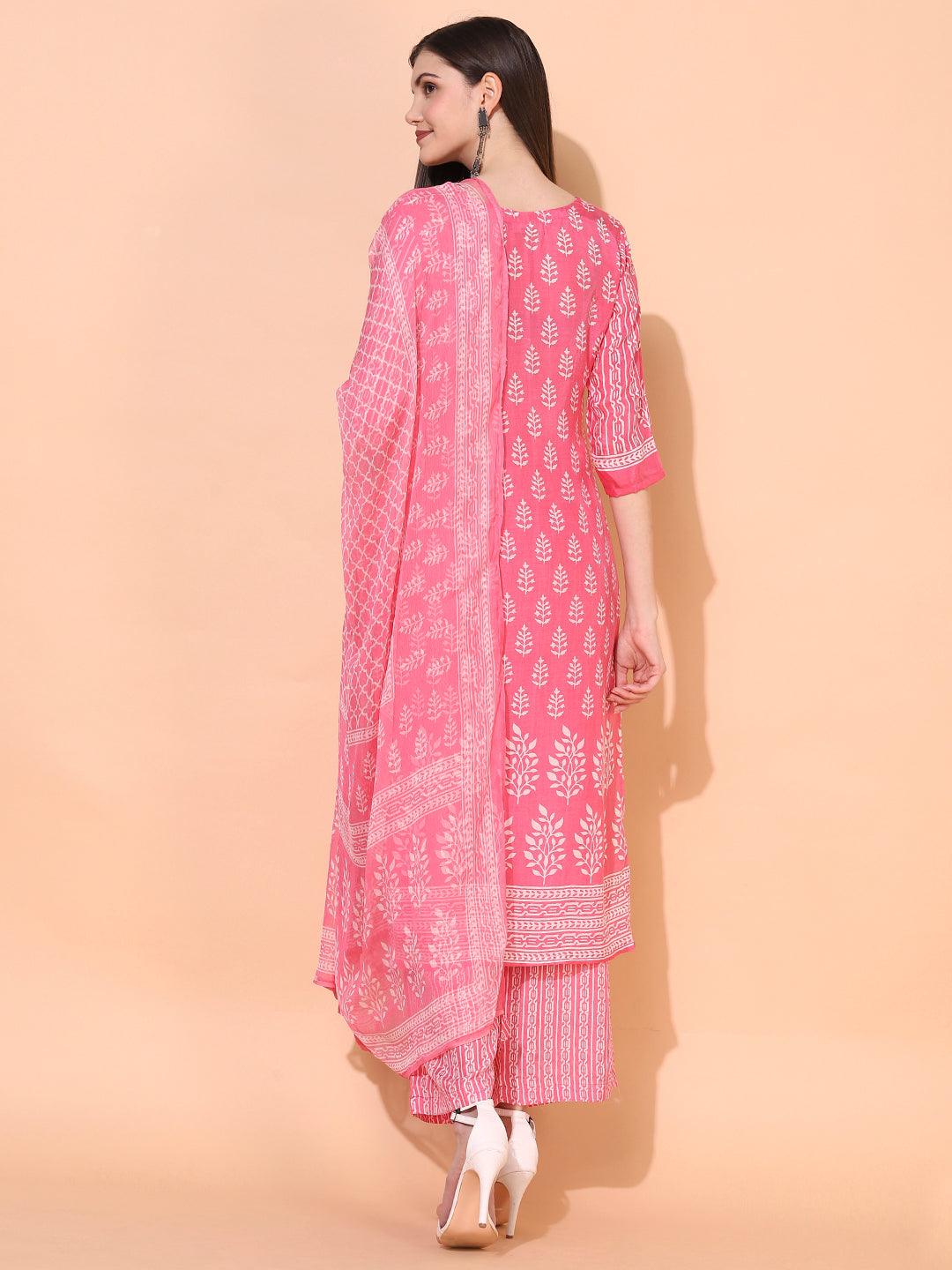 Ethnic Printed & Embroidered Kurta with Pants & Dupatta - Pink - Indiakreations