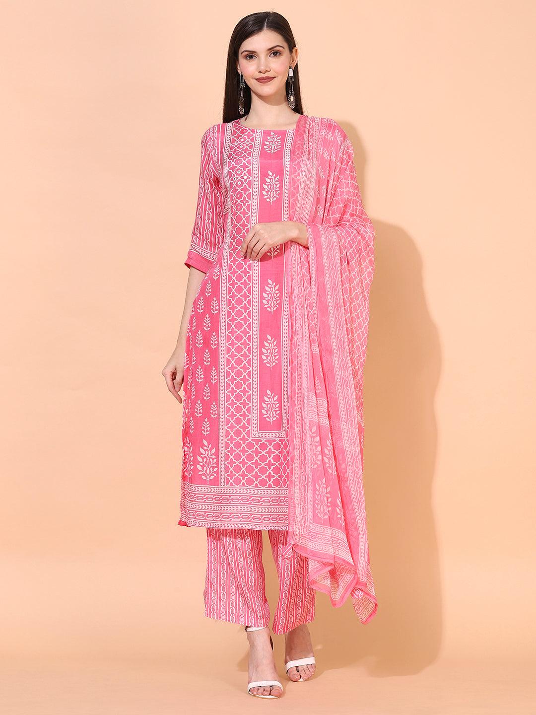 Ethnic Printed & Embroidered Kurta with Pants & Dupatta - Pink - Indiakreations