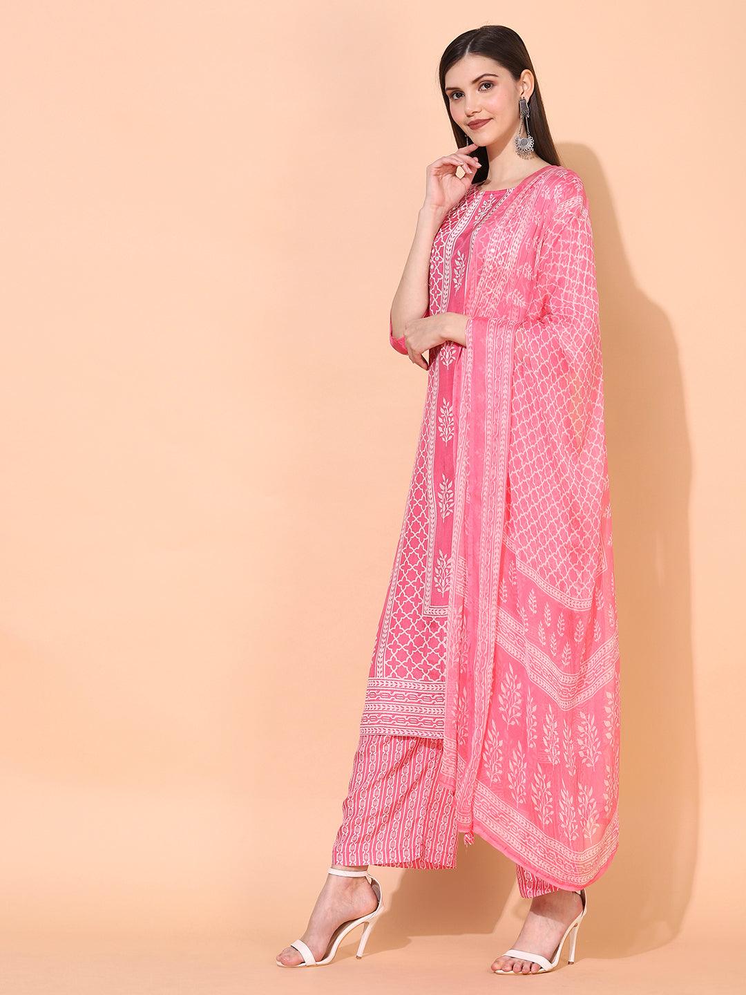 Ethnic Printed & Embroidered Kurta with Pants & Dupatta - Pink - Indiakreations