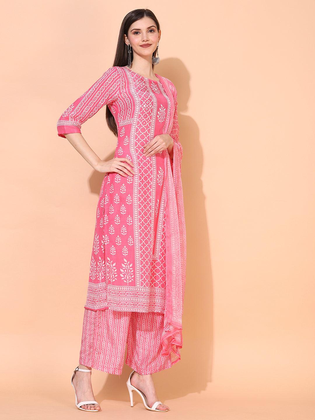 Ethnic Printed & Embroidered Kurta with Pants & Dupatta - Pink - Indiakreations