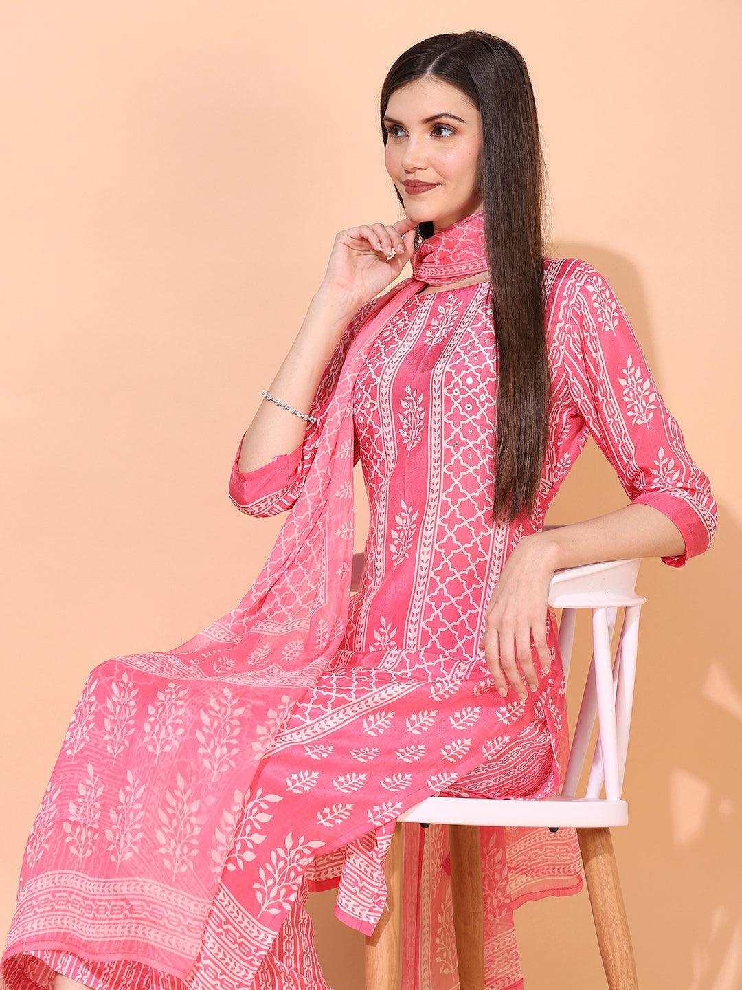 Ethnic Printed & Embroidered Kurta with Pants & Dupatta - Pink - Indiakreations