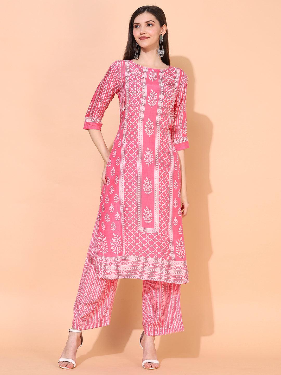 Ethnic Printed & Embroidered Kurta with Pants & Dupatta - Pink - Indiakreations