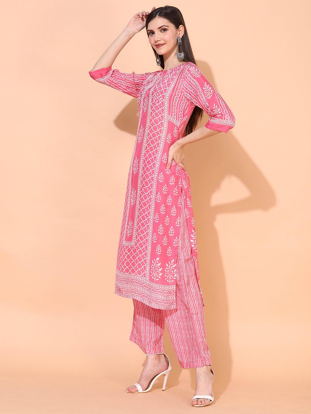 Ethnic Printed & Embroidered Kurta with Pants & Dupatta - Pink - Indiakreations