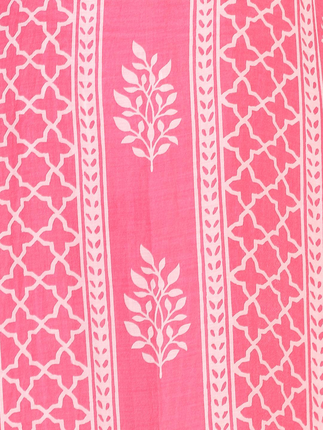 Ethnic Printed & Embroidered Kurta with Pants & Dupatta - Pink - Indiakreations