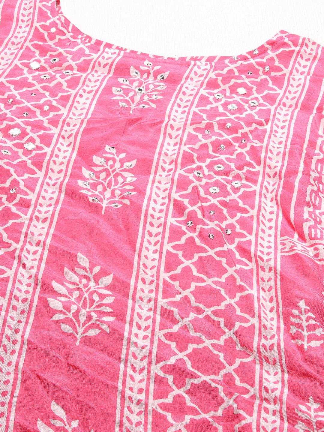 Ethnic Printed & Embroidered Kurta with Pants & Dupatta - Pink - Indiakreations