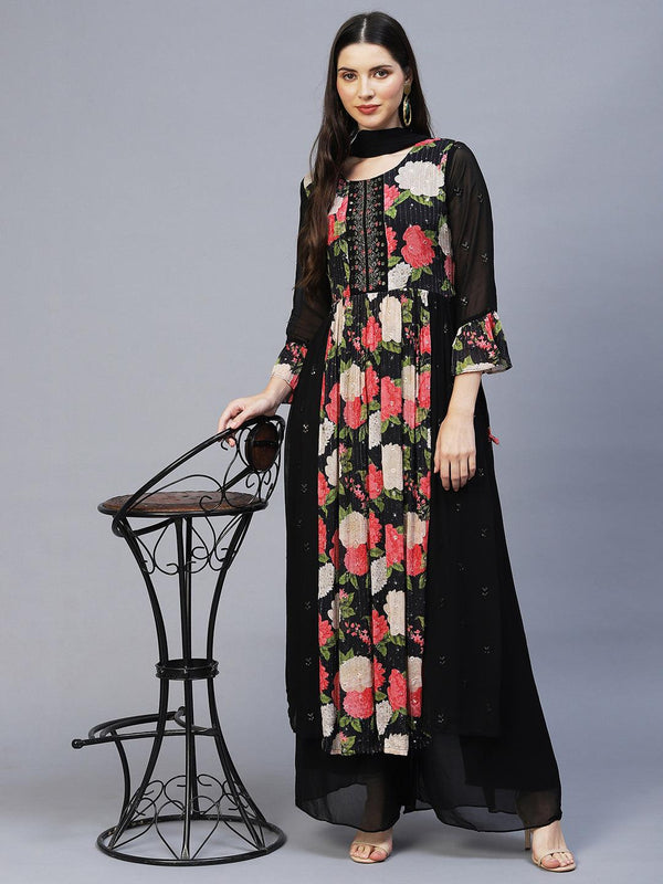 Floral Printed & Hand Embroidered Kurta with Palazzo & Dupatta - Black - Indiakreations