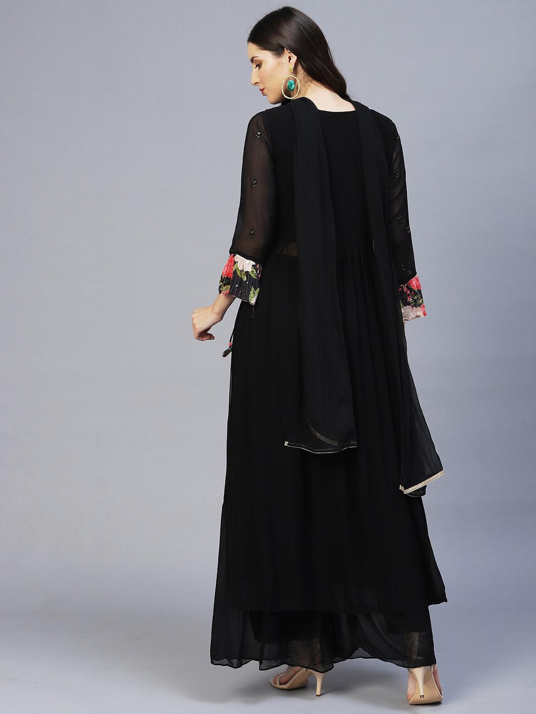 Floral Printed & Hand Embroidered Kurta with Palazzo & Dupatta - Black - Indiakreations