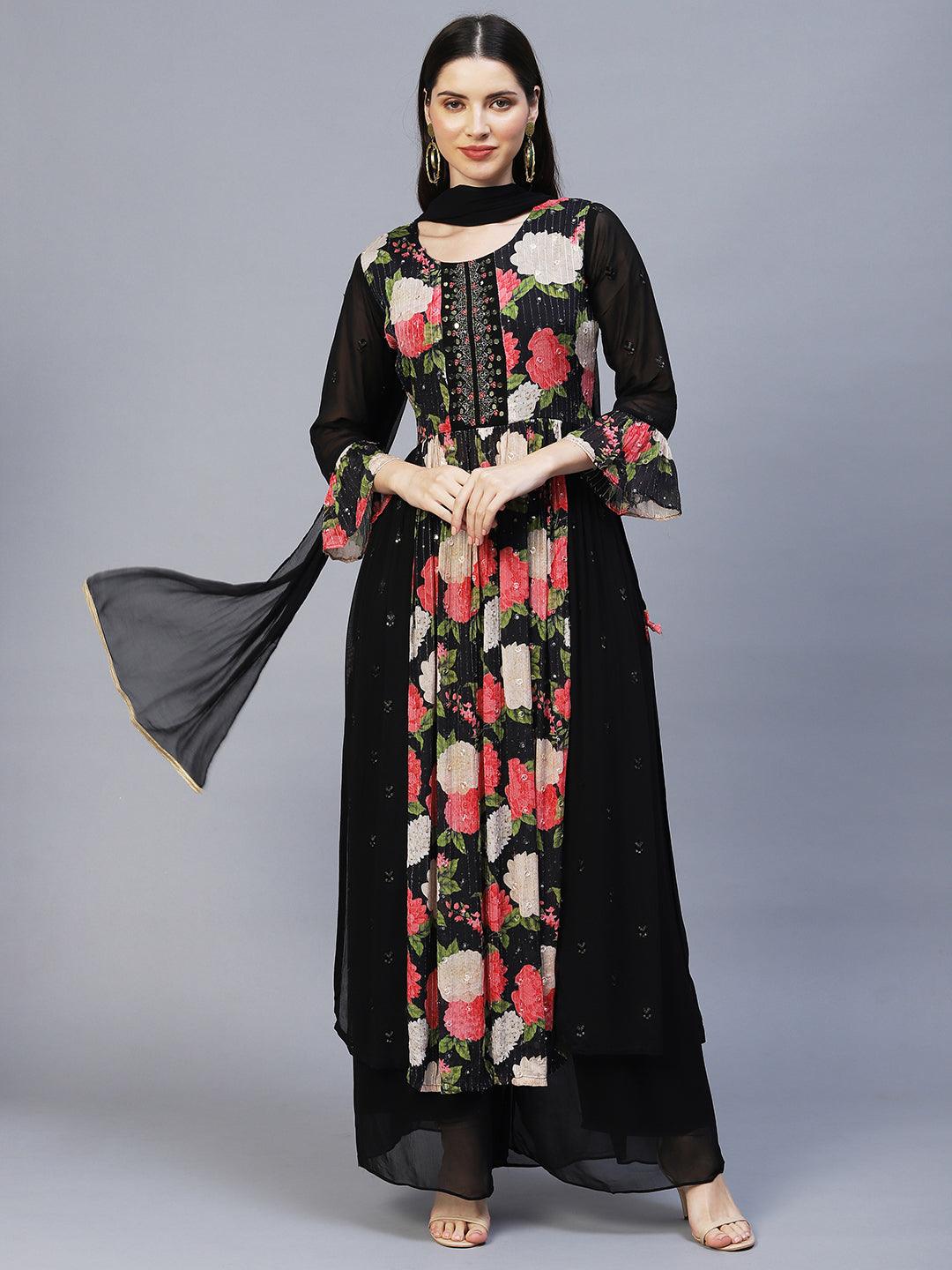 Floral Printed & Hand Embroidered Kurta with Palazzo & Dupatta - Black - Indiakreations