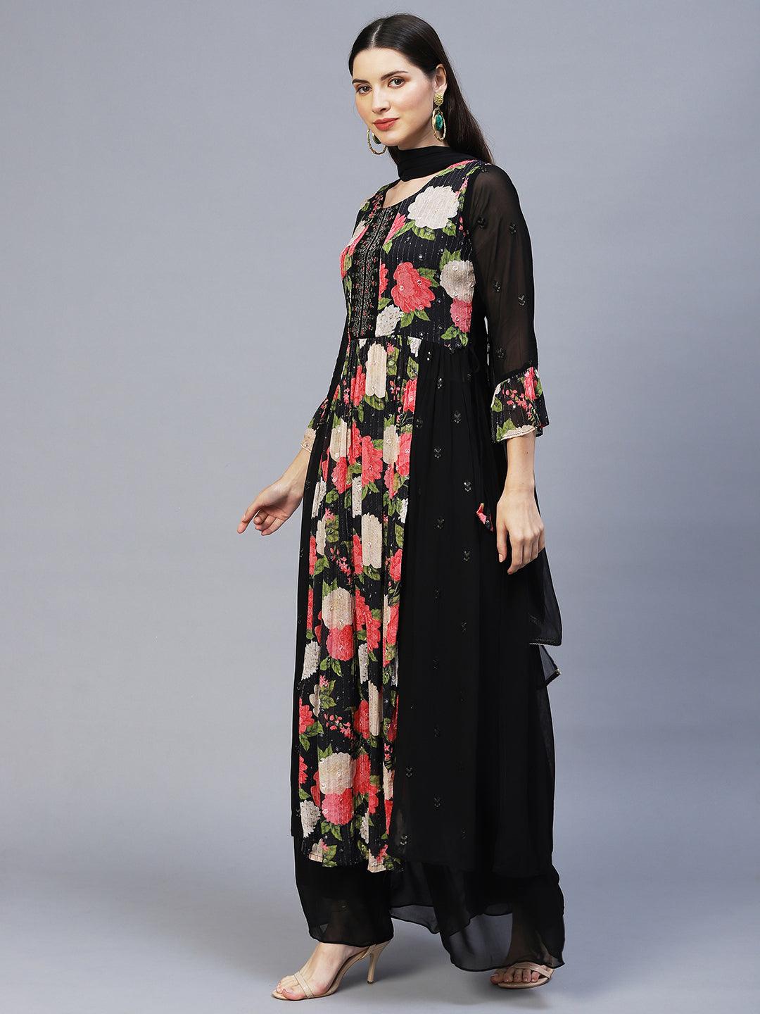 Floral Printed & Hand Embroidered Kurta with Palazzo & Dupatta - Black - Indiakreations