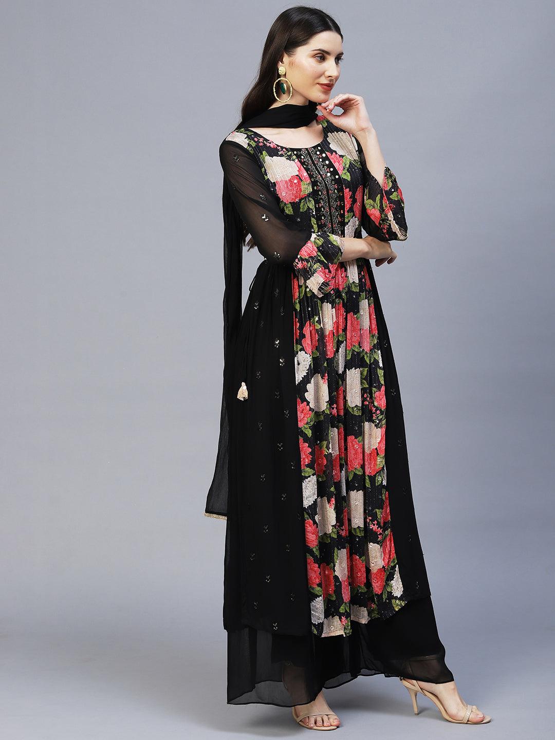 Floral Printed & Hand Embroidered Kurta with Palazzo & Dupatta - Black - Indiakreations