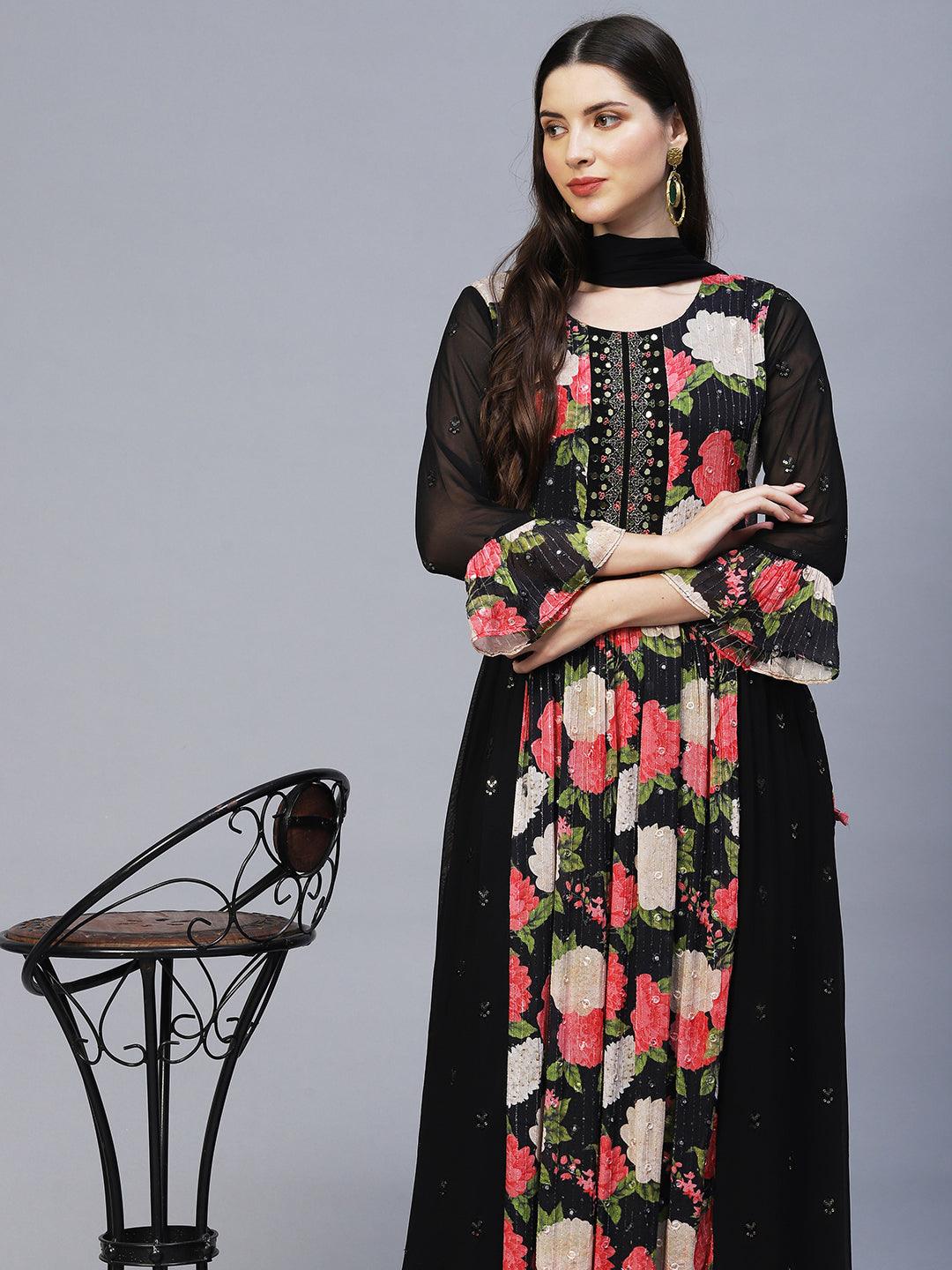 Floral Printed & Hand Embroidered Kurta with Palazzo & Dupatta - Black - Indiakreations