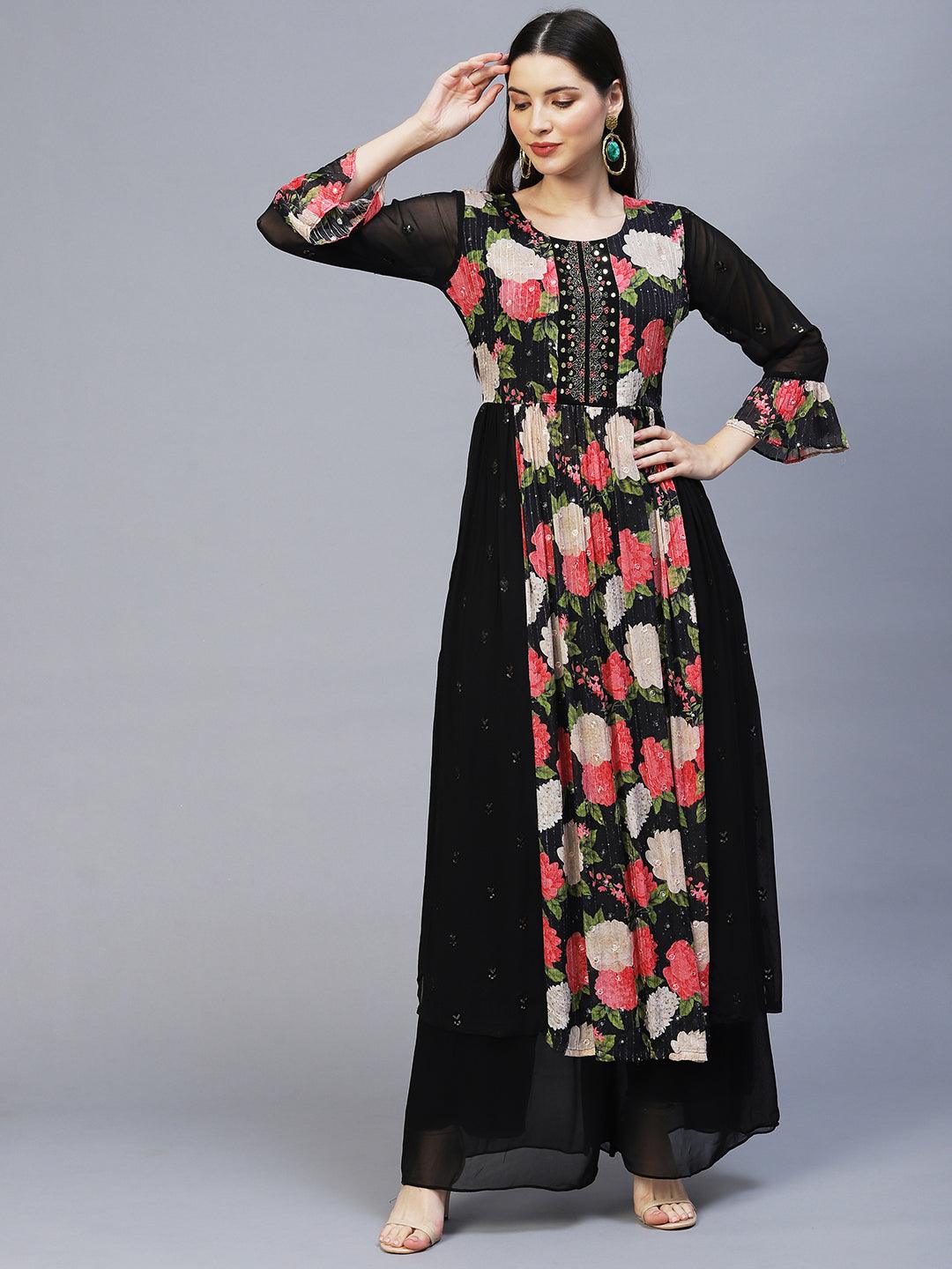 Floral Printed & Hand Embroidered Kurta with Palazzo & Dupatta - Black - Indiakreations