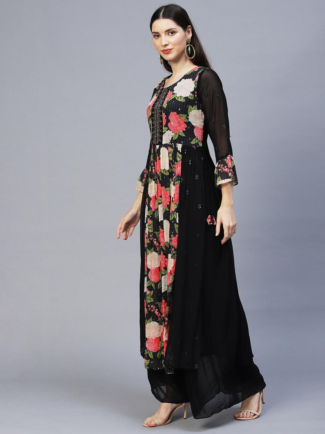 Floral Printed & Hand Embroidered Kurta with Palazzo & Dupatta - Black - Indiakreations