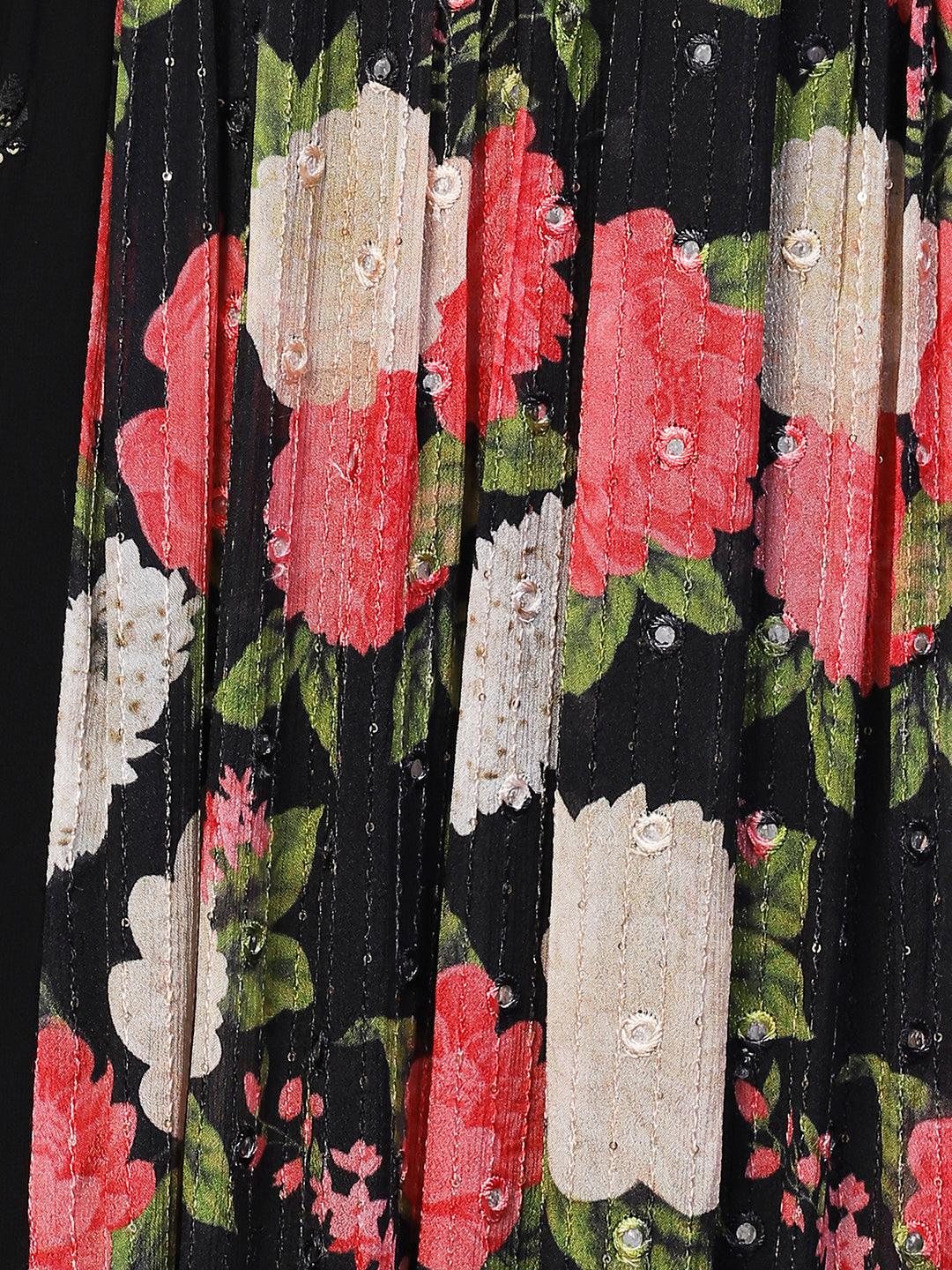 Floral Printed & Hand Embroidered Kurta with Palazzo & Dupatta - Black - Indiakreations