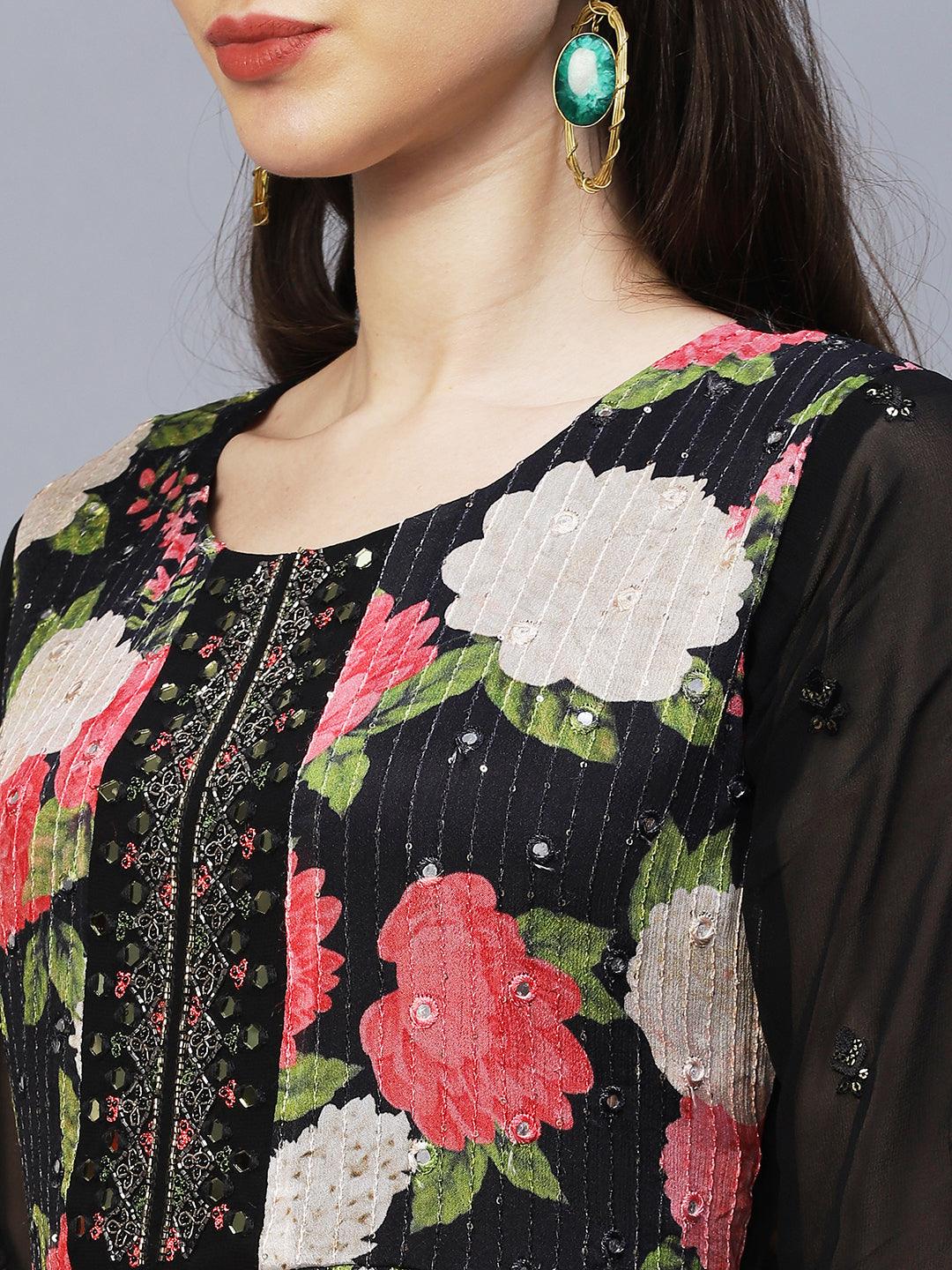 Floral Printed & Hand Embroidered Kurta with Palazzo & Dupatta - Black - Indiakreations