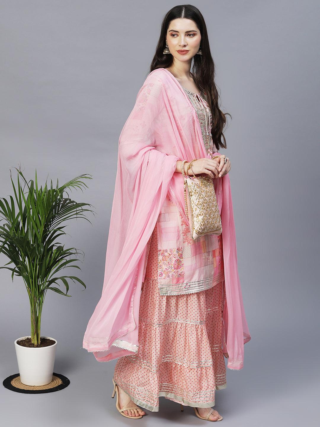 Ethnic Printed & Hand Embroidered Kurta with Sharara & Dupatta - Multi - Indiakreations