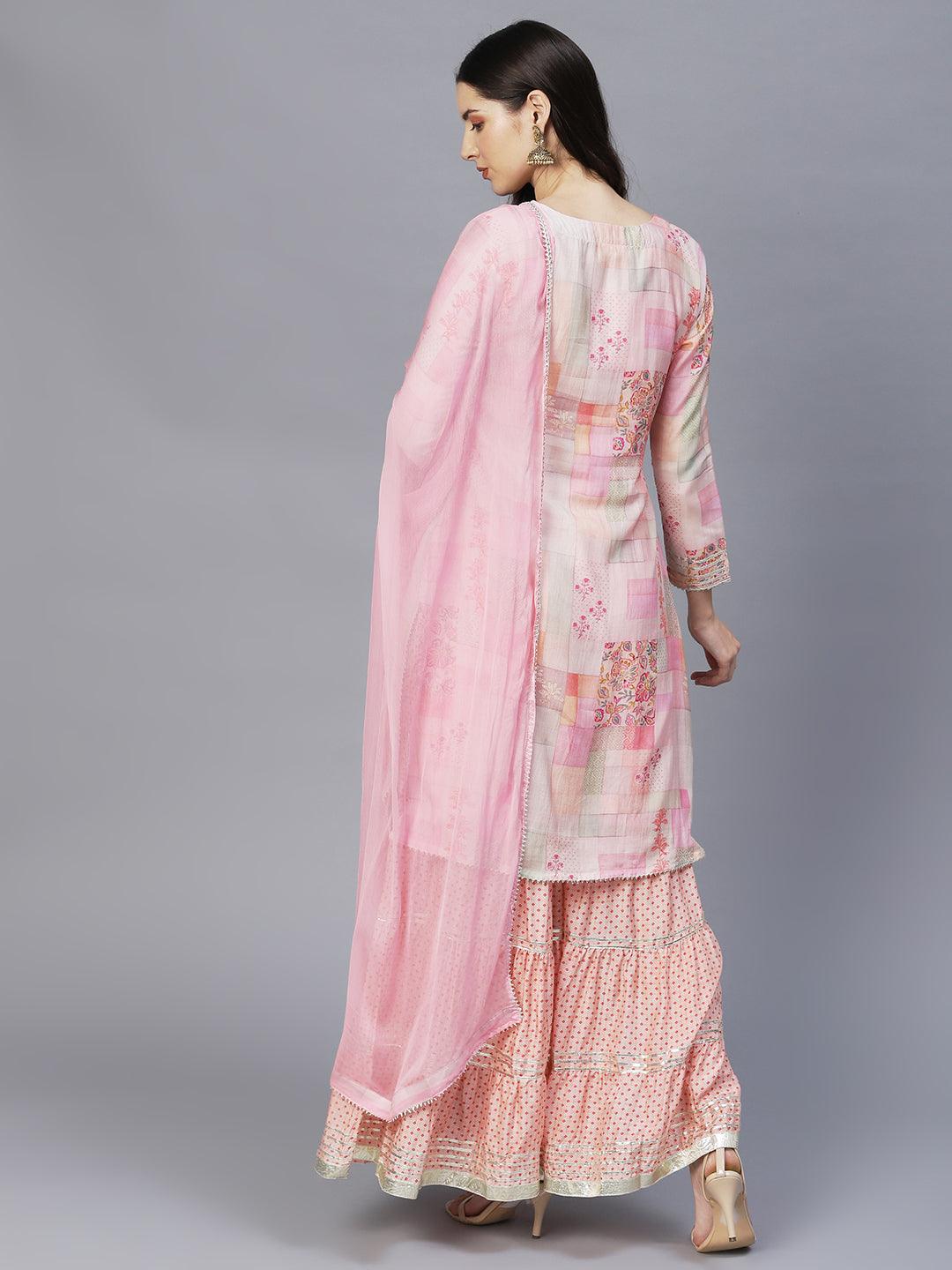 Ethnic Printed & Hand Embroidered Kurta with Sharara & Dupatta - Multi - Indiakreations