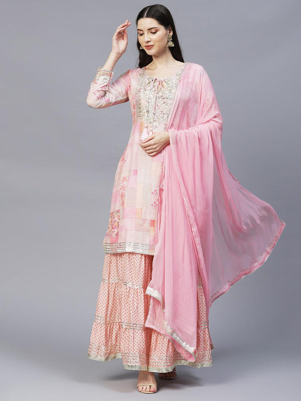 Ethnic Printed & Hand Embroidered Kurta with Sharara & Dupatta - Multi - Indiakreations