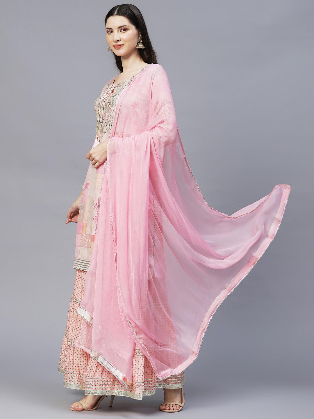 Ethnic Printed & Hand Embroidered Kurta with Sharara & Dupatta - Multi - Indiakreations