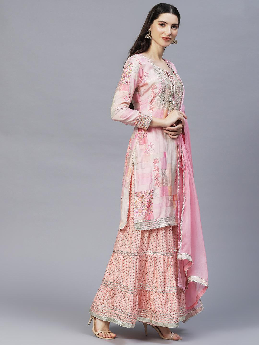 Ethnic Printed & Hand Embroidered Kurta with Sharara & Dupatta - Multi - Indiakreations