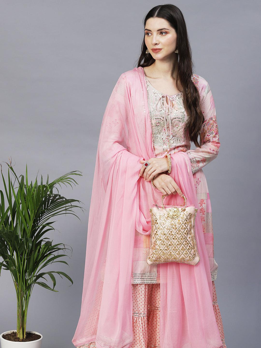 Ethnic Printed & Hand Embroidered Kurta with Sharara & Dupatta - Multi - Indiakreations