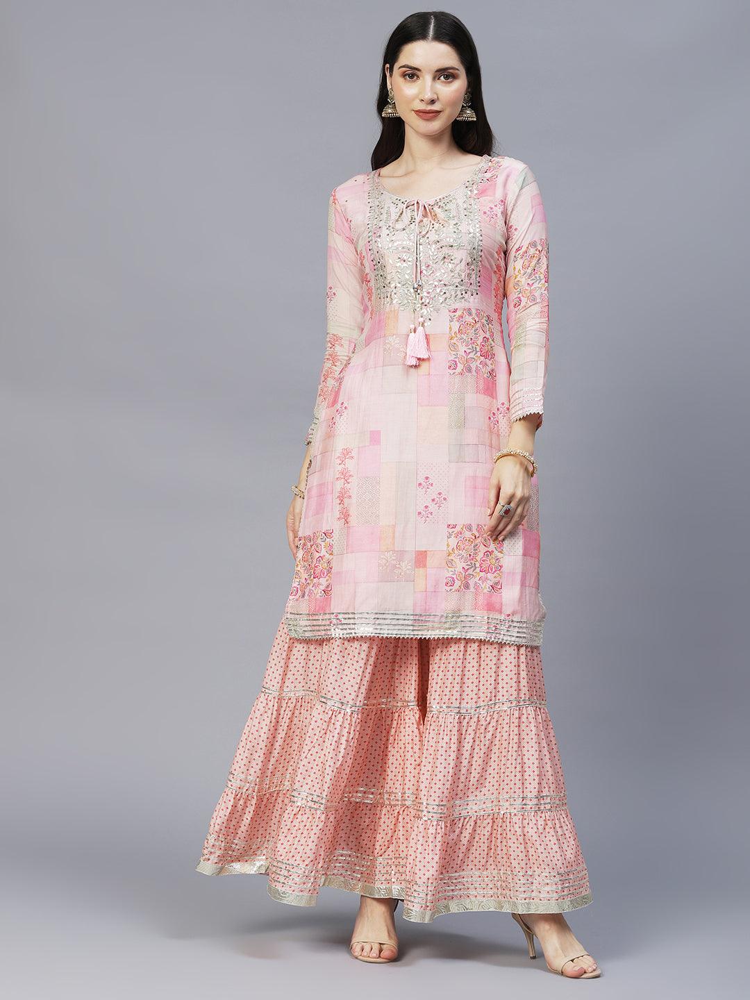 Ethnic Printed & Hand Embroidered Kurta with Sharara & Dupatta - Multi - Indiakreations